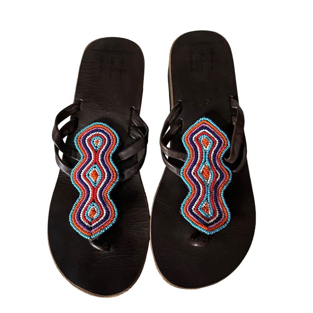 Global Girls Womens Size 37 US 7 Beaded Leather Sandals‎ Tribal Wedge Shoes